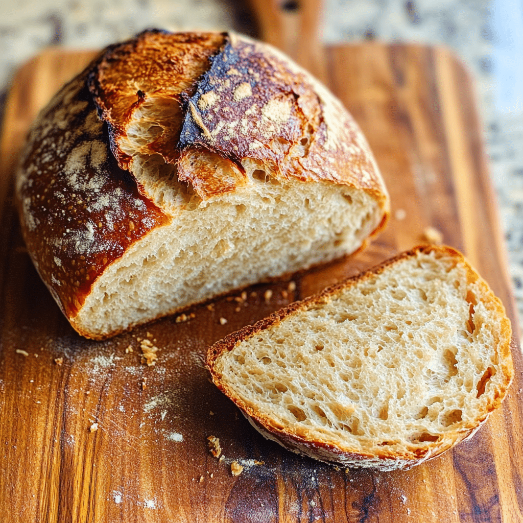 Rustic sourdough bread loaf with a golden crust and one slice showing open crumb