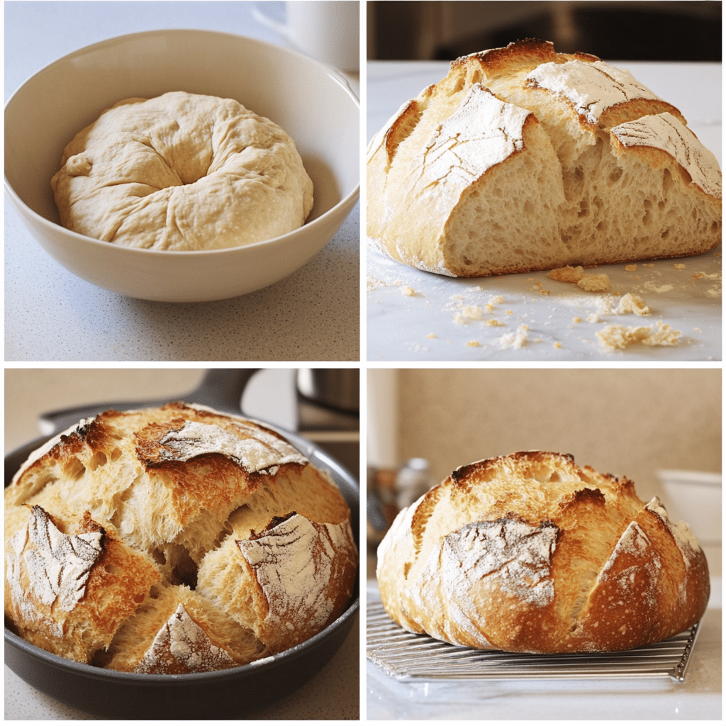 Four panel collage showing mixing sourdough dough, stretch and folds, shaping, and baked loaf cooling