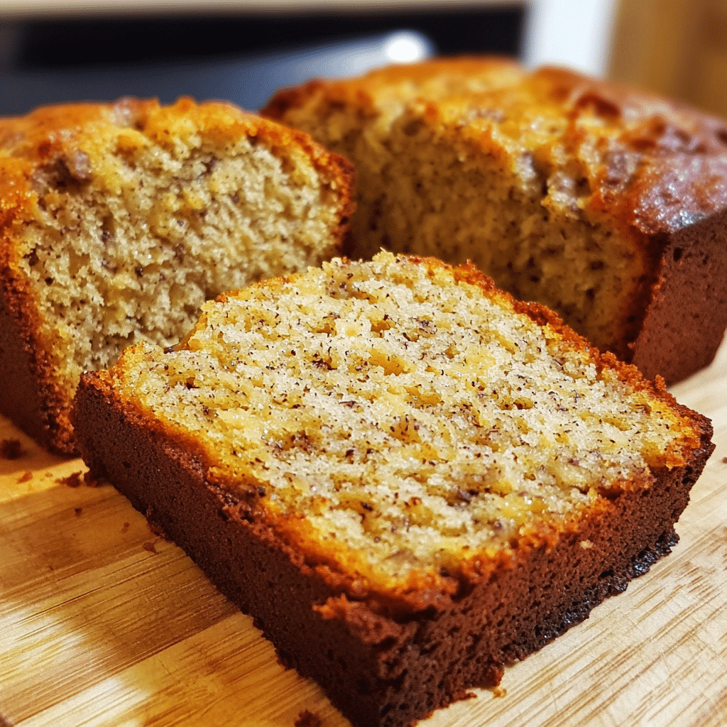 Sliced banana bread loaf showing moist crumb on a cutting board