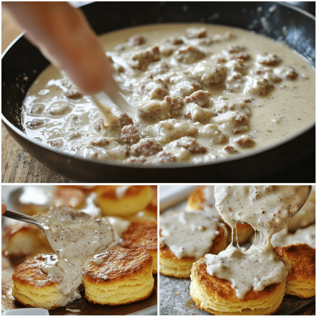 Four panel collage showing browning turkey sausage, making roux, thickening gravy, and serving