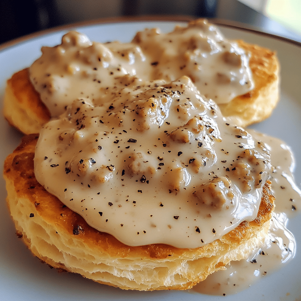 Biscuits topped with turkey sausage gravy on a plate