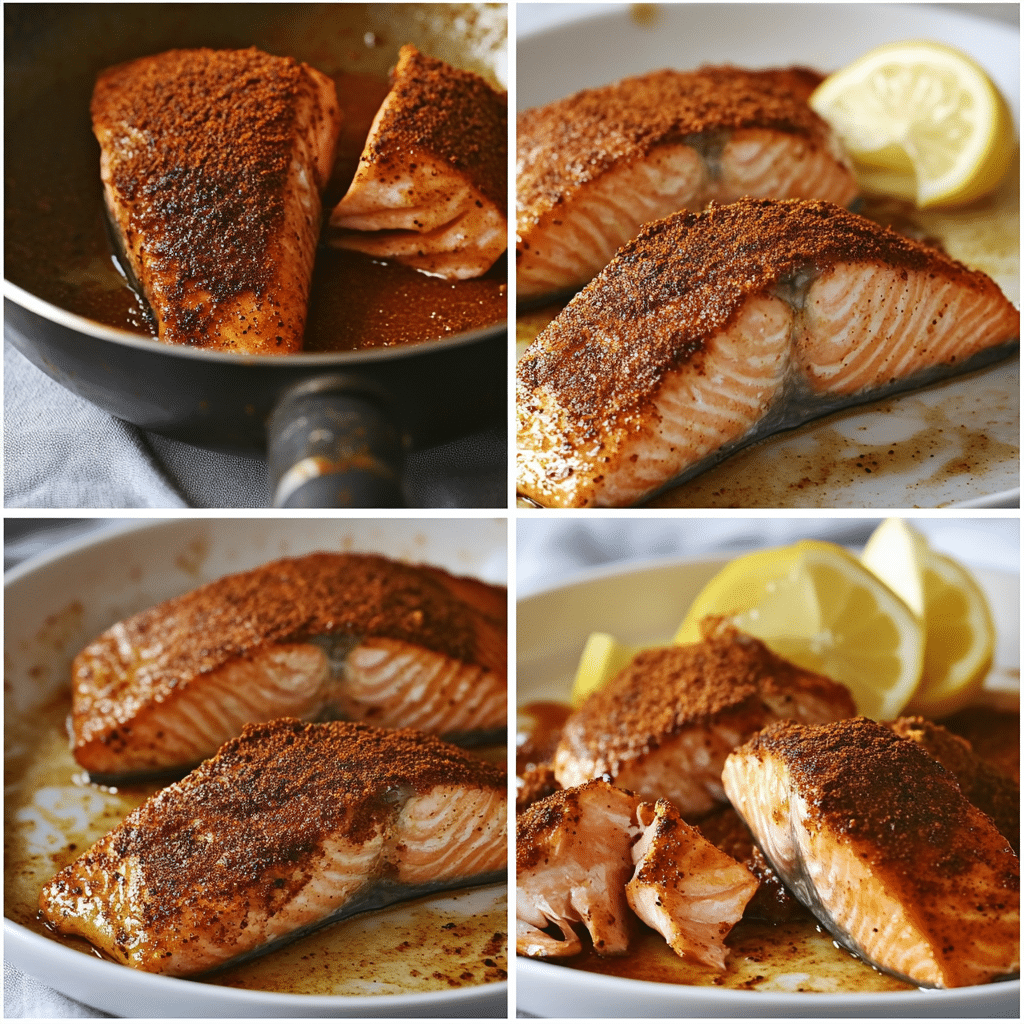 Four panel collage showing how to make blackened salmon in a skillet