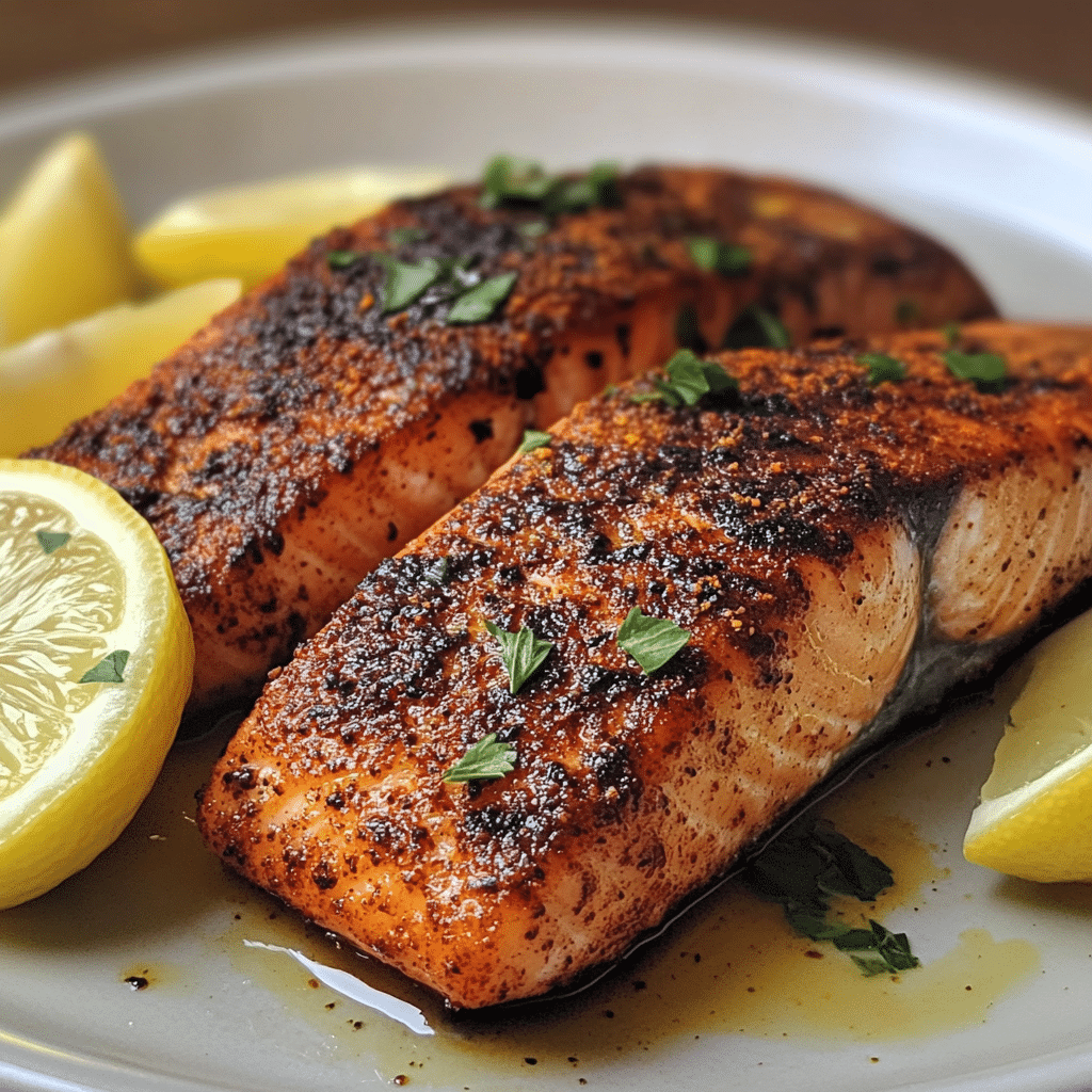 Blackened salmon fillet with spice crust and lemon wedges