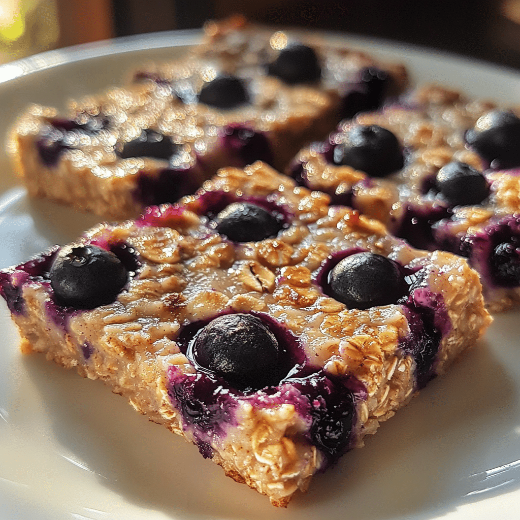 Four panel collage showing mixing and baking blueberry baked oatmeal