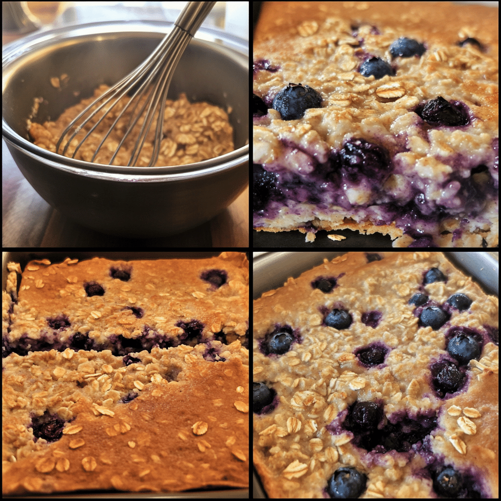 Oats, milk, eggs, blueberries, and baking dish for blueberry baked oatmeal