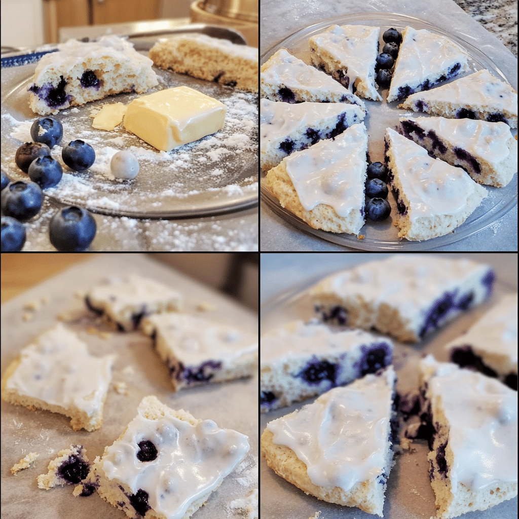 Four panel collage showing mixing, shaping, baking, and glazing blueberry scones