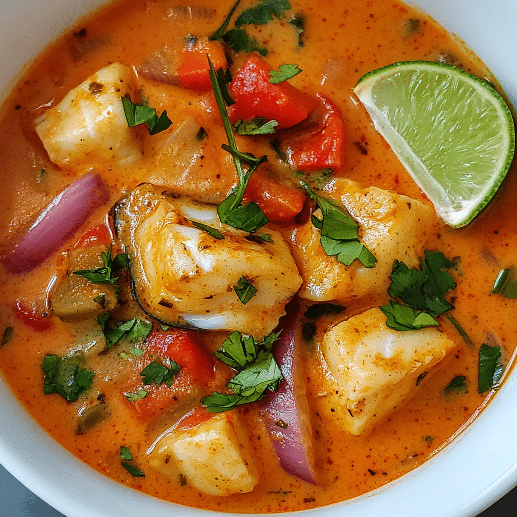 Brazilian fish stew moqueca with coconut broth, peppers, and herbs