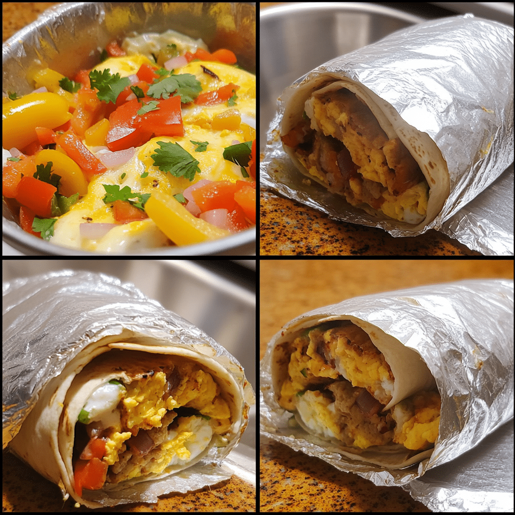 Four panel collage showing cooking filling, assembling, rolling, and wrapping breakfast burritos