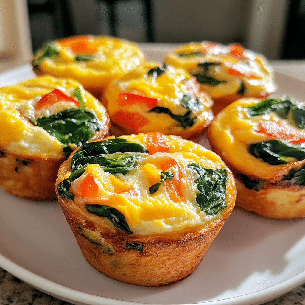 Breakfast egg muffins with spinach, peppers, and cheese on a plate