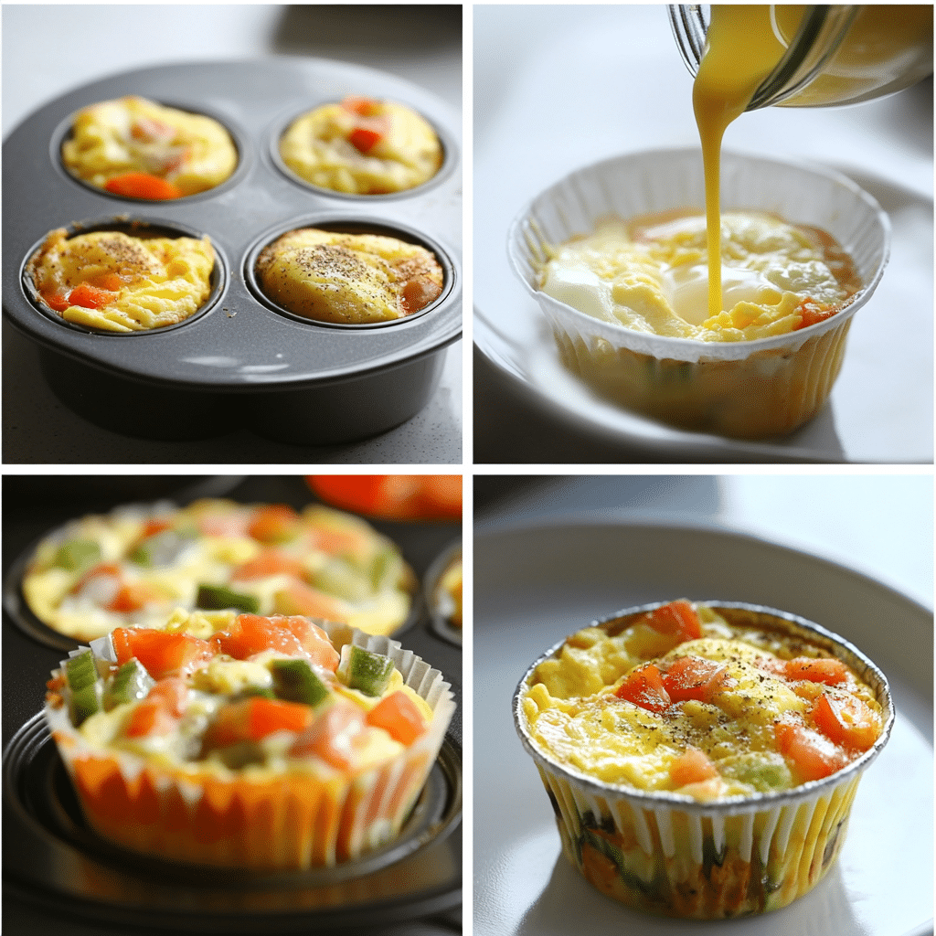Four panel collage showing whisking eggs, filling muffin tin, pouring egg mixture, and baked egg muffins