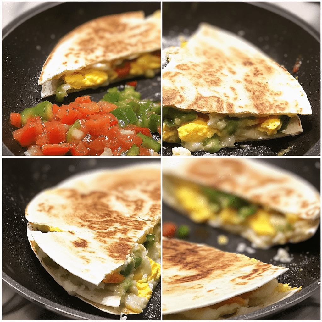 Four panel collage showing cooking eggs, assembling, cooking quesadilla, and sliced wedges
