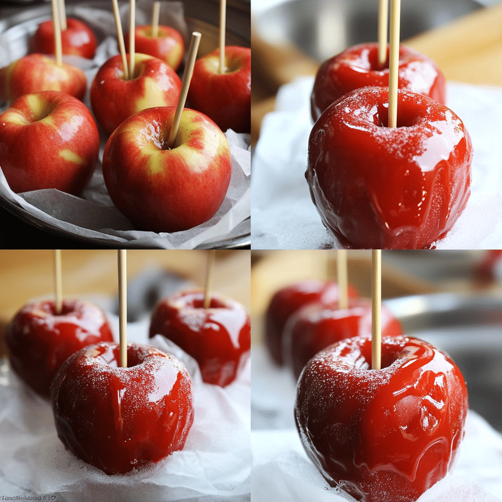 Four panel collage showing inserting sticks, boiling candy syrup, dipping apples, and cooling candy apples