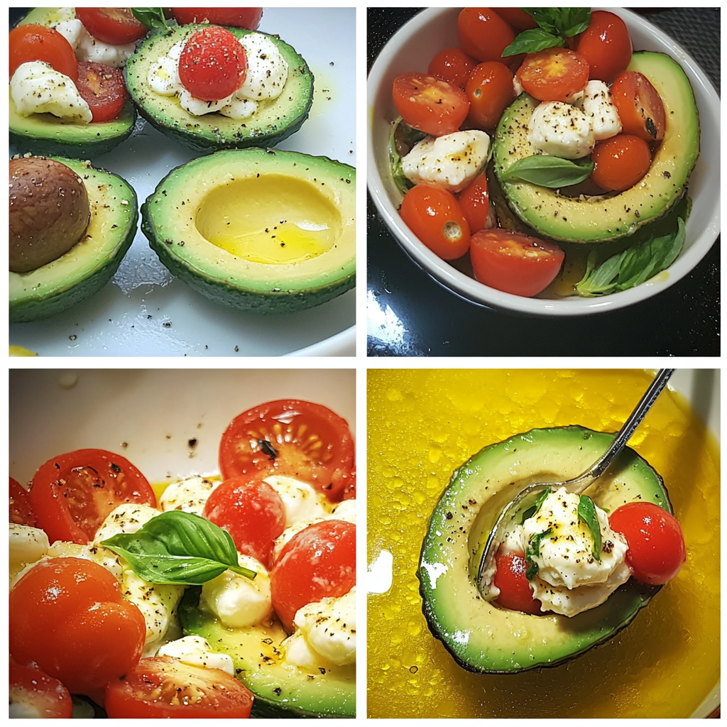 Four panel collage showing how to make caprese stuffed avocados from mixing filling to serving