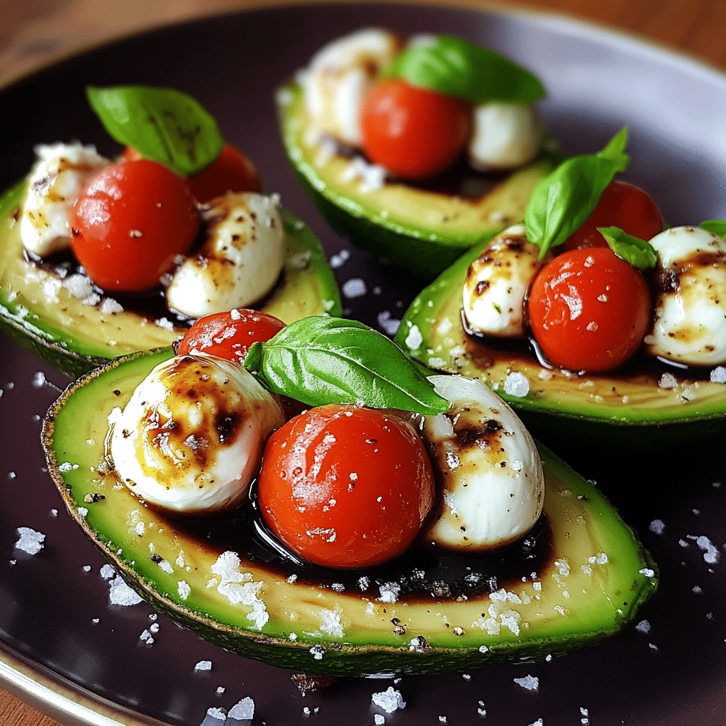 Caprese stuffed avocado halves filled with tomatoes, mozzarella, and basil