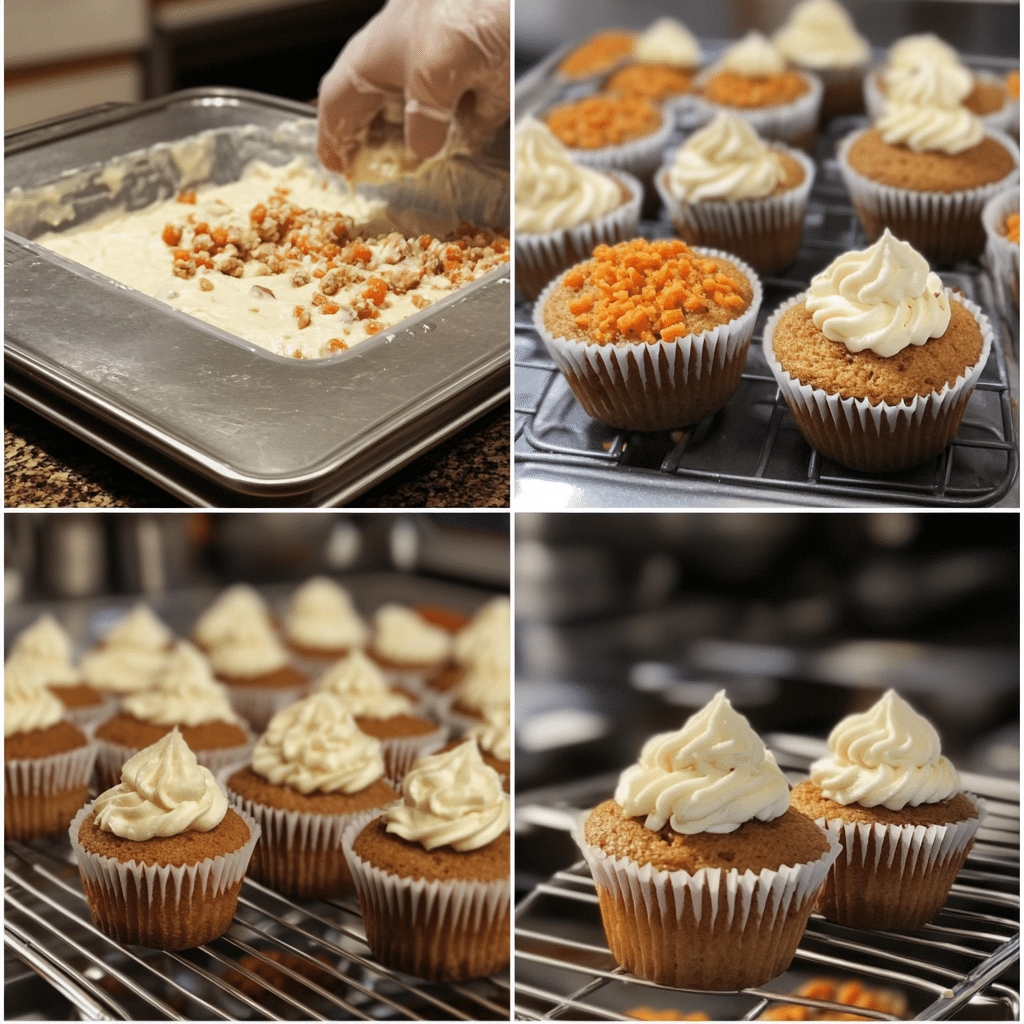 Four panel collage showing mixing batter with carrots, filling liners, baked cupcakes cooling, and frosting with cream cheese frosting