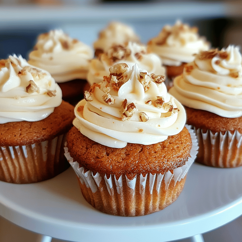 Carrot cake cupcakes with cream cheese frosting and chopped walnuts on top