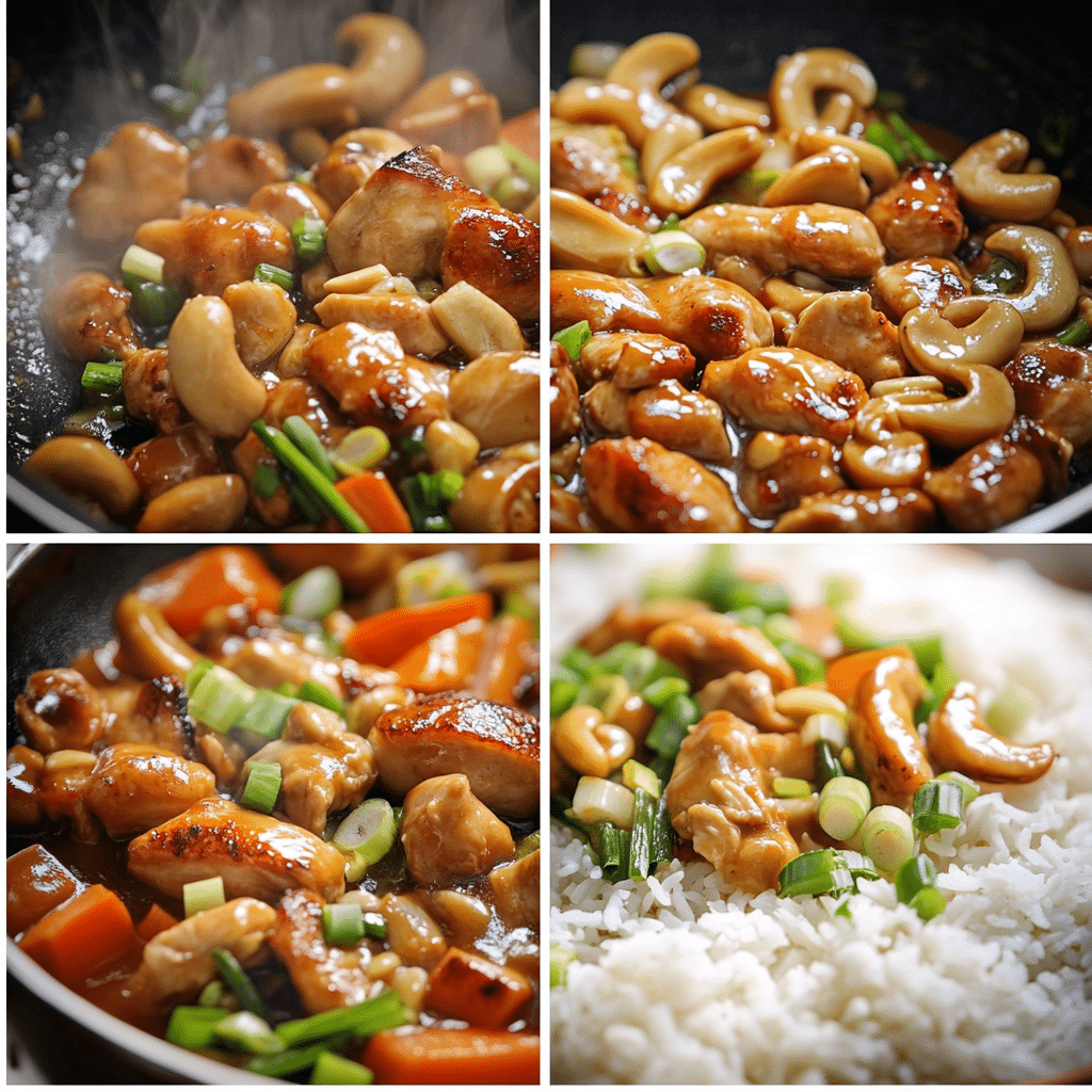 Four panel collage showing browning chicken, sautéing aromatics and veggies, thickening sauce, and serving cashew chicken over rice