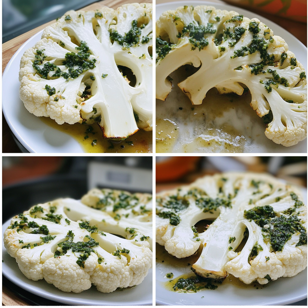 Ingredients for cauliflower steaks with chimichurri including cauliflower, herbs, garlic, and olive oil