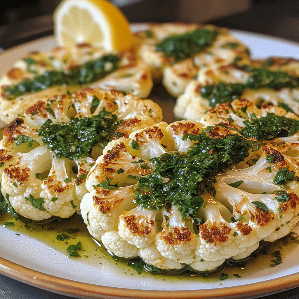 Four panel collage showing how to make cauliflower steaks with chimichurri from slicing to serving