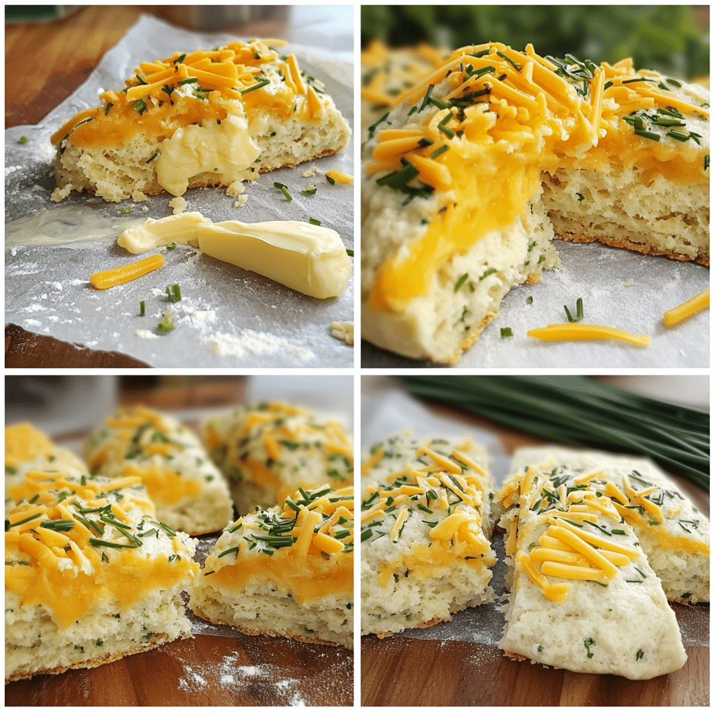 Four panel collage showing mixing, shaping, and baked cheddar chive scones