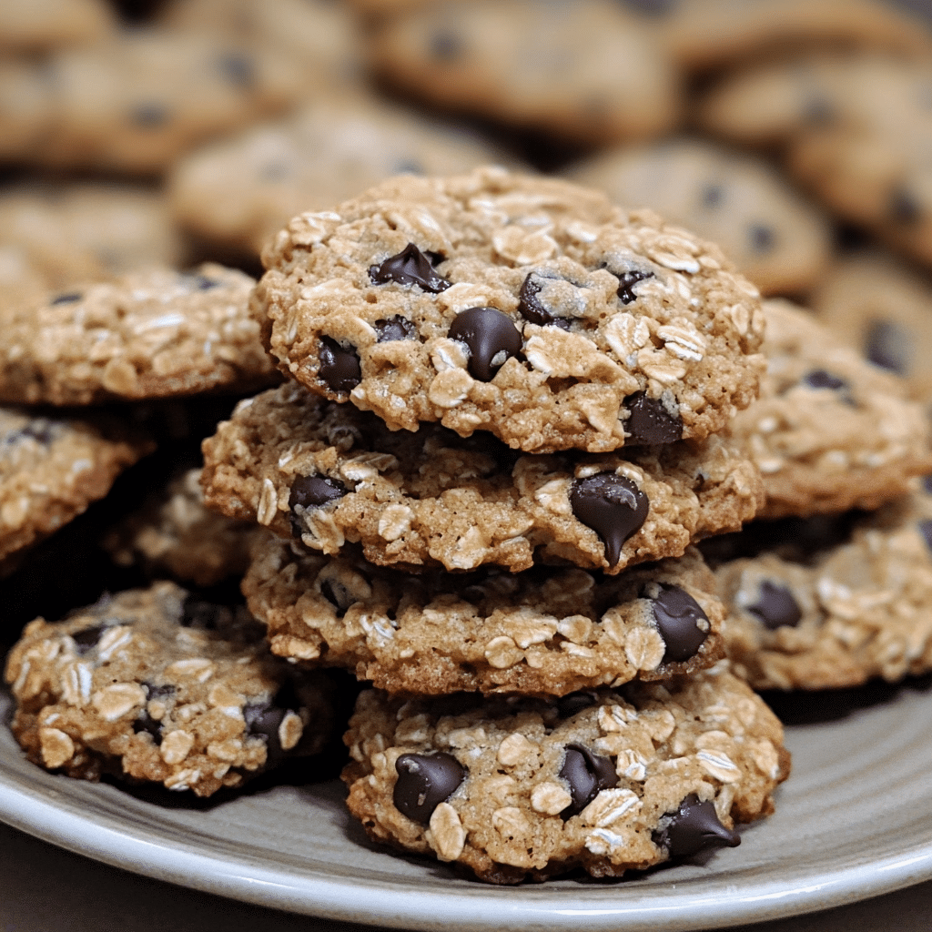 Chewy chocolate chip oatmeal cookies stacked on a plate