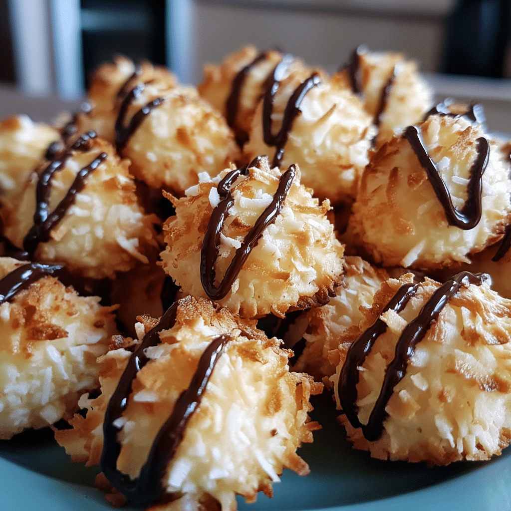 Coconut macaroons stacked on a plate, golden and chewy