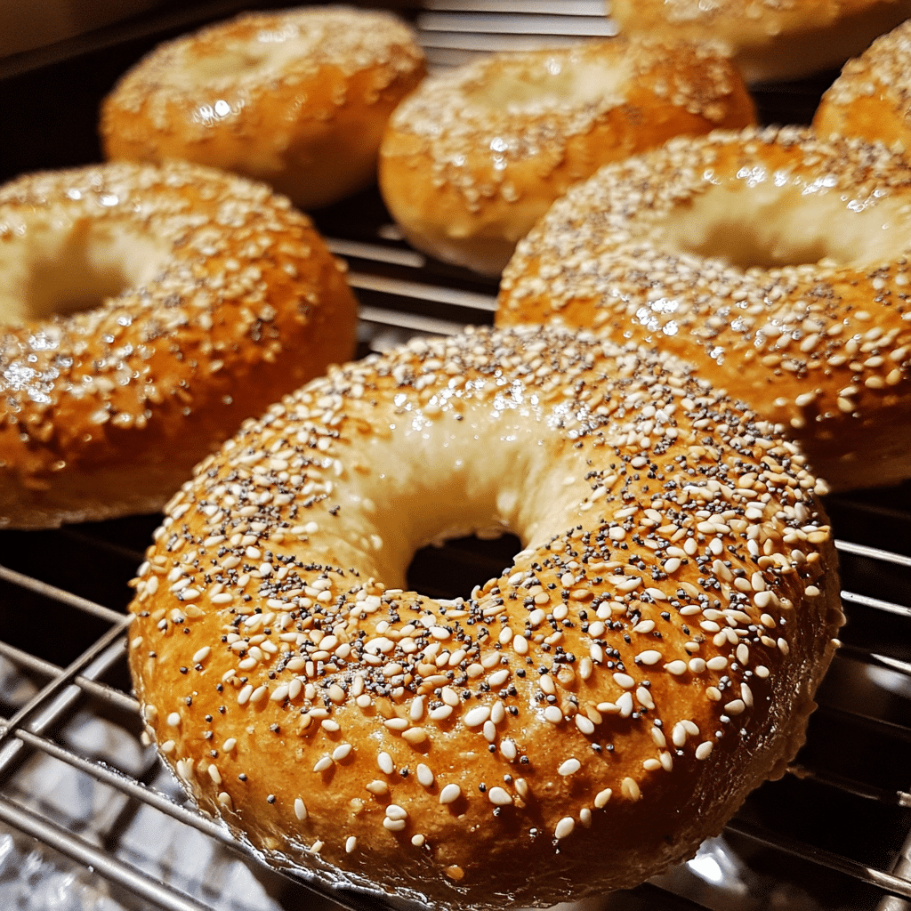Homemade bagels on a cooling rack with sesame seeds and one sliced open showing chewy interior