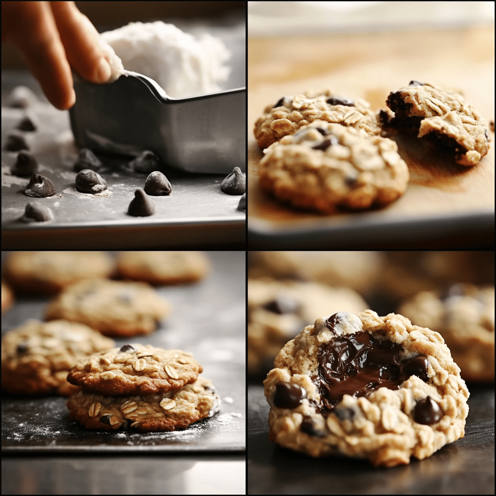 Four panel collage showing creaming butter, mixing dough with oats and chips, scooping, and baked cookies cooling
