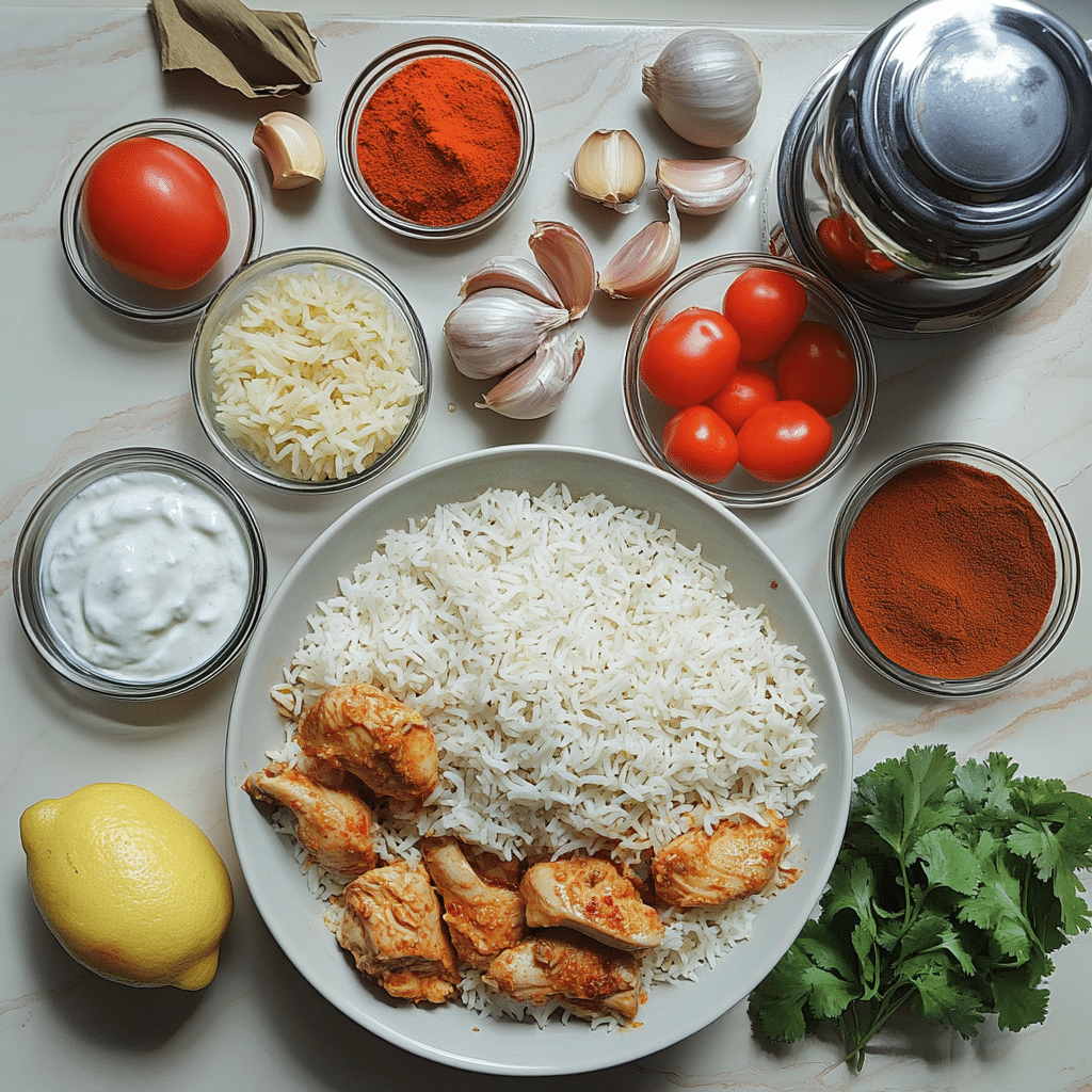ingredients for chicken biryani including basmati rice chicken pieces yogurt onions tomatoes herbs and spices
