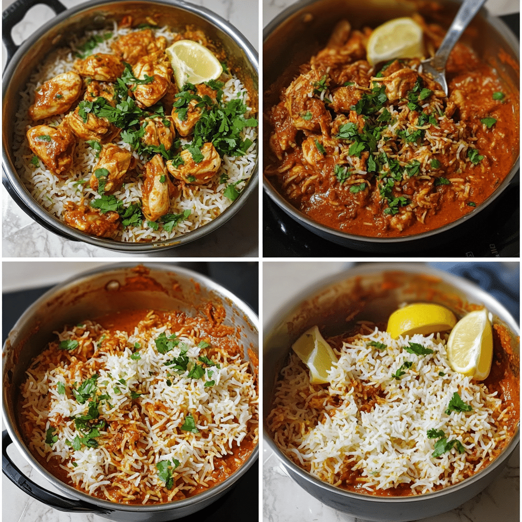 four panel collage showing steps to make chicken biryani