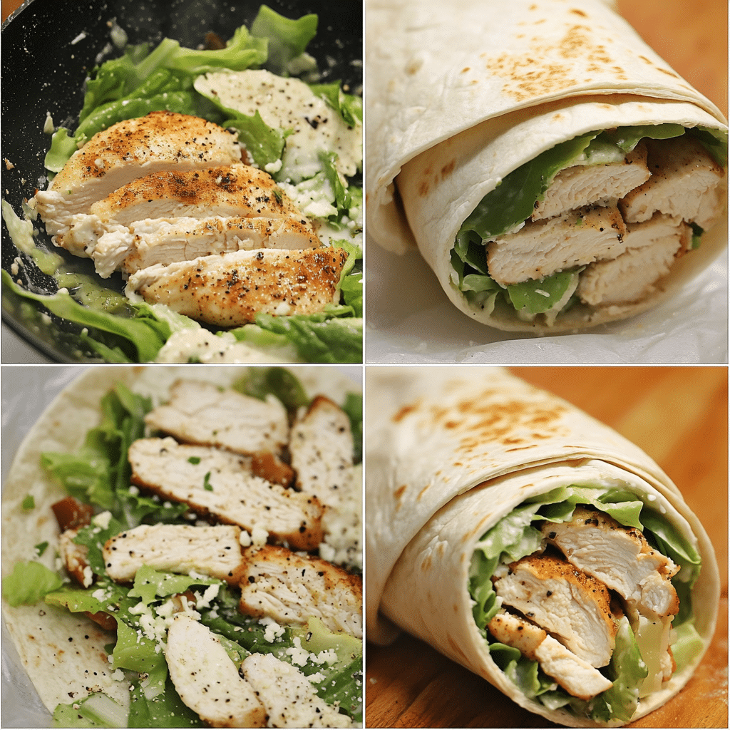 Four panel collage showing cooking chicken cutlets, tossing romaine with dressing, assembling wrap, and finished sliced wrap
