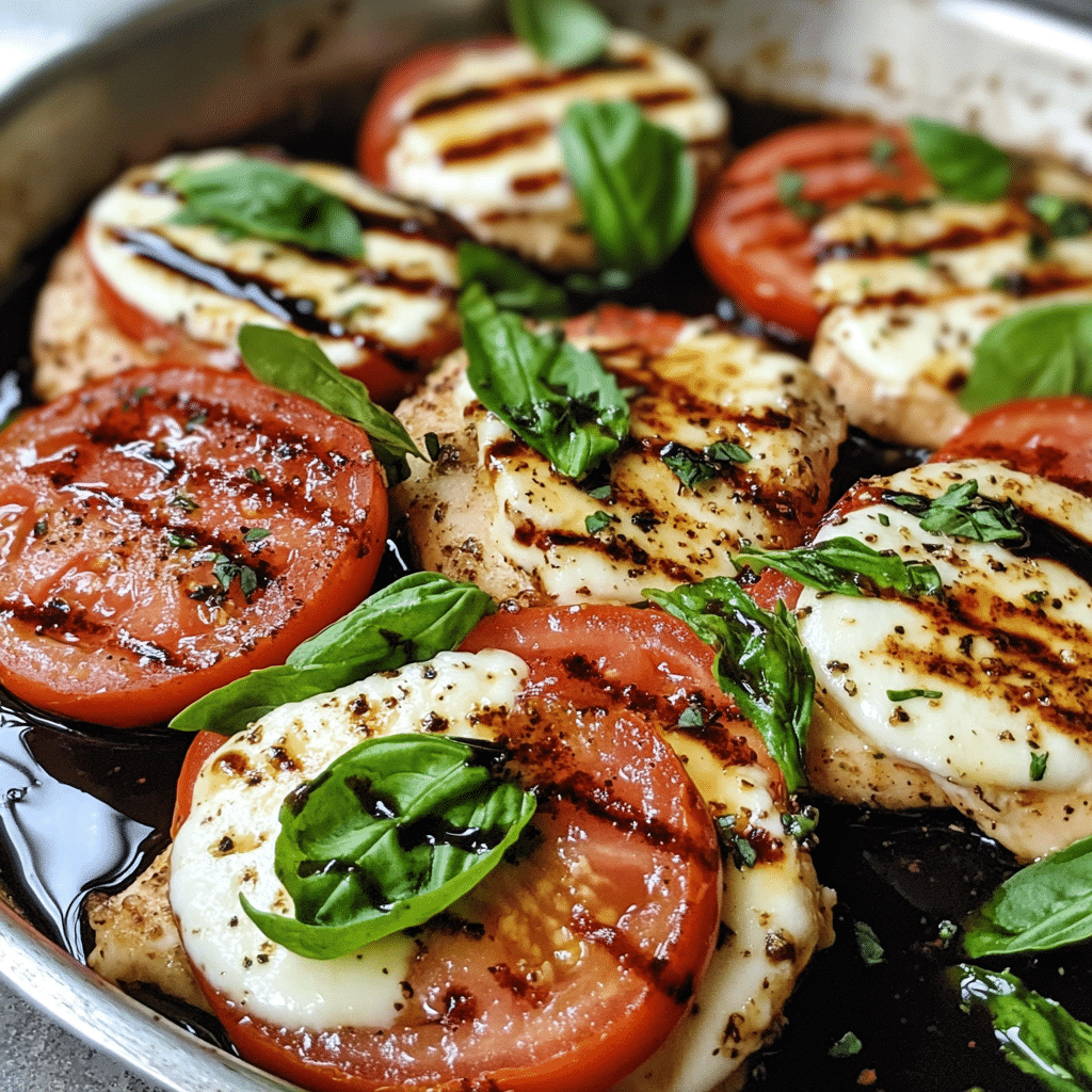 Chicken caprese with tomatoes, mozzarella, basil, and glaze on top