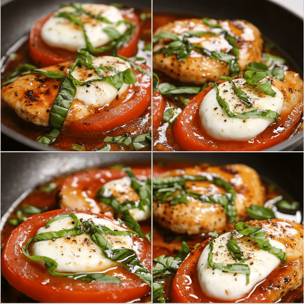 Four panel collage showing how to make chicken caprese