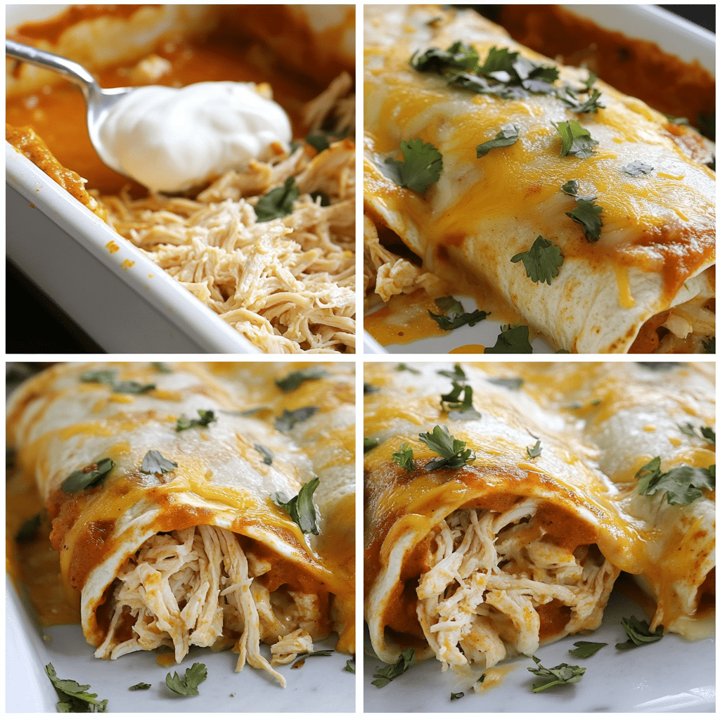 Four panel collage showing mixing filling, rolling tortillas, saucing dish, and baked enchiladas