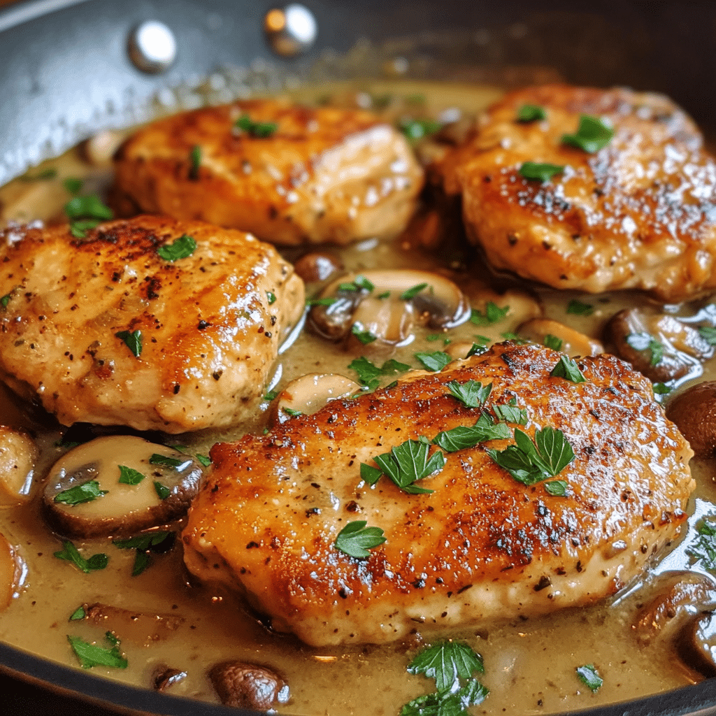 Chicken marsala made without wine, with chicken cutlets in creamy mushroom sauce in a skillet