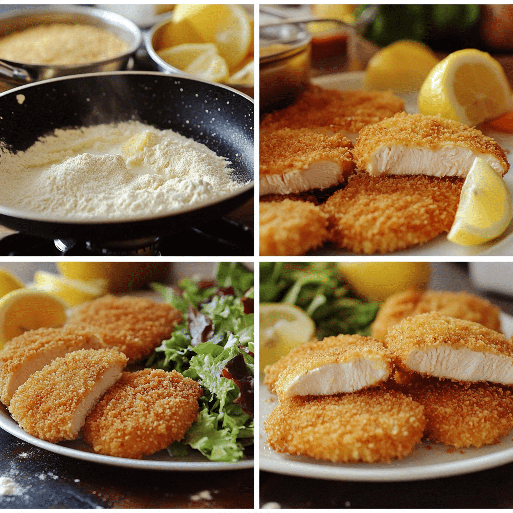 Four panel collage showing how to make chicken milanese cutlets