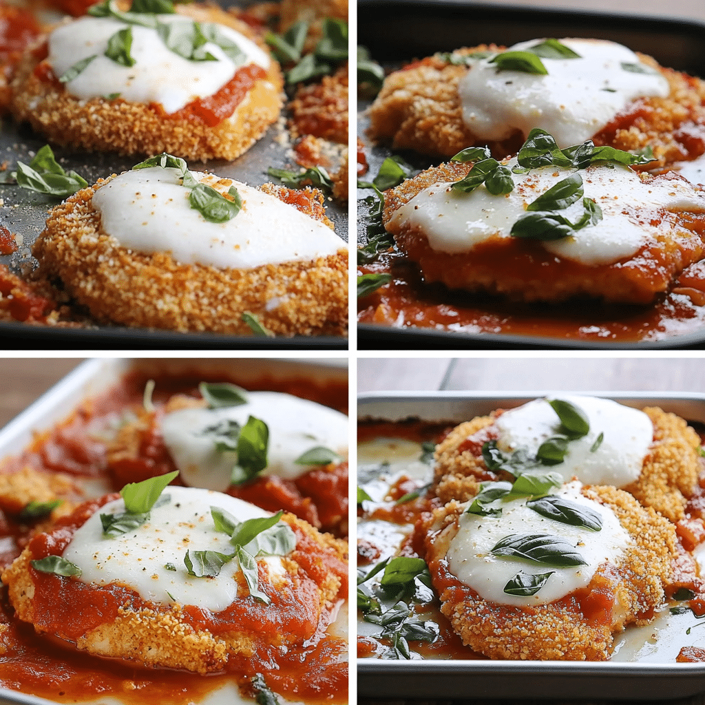 Four panel collage showing breading, searing, topping with sauce and cheese, and finished baked chicken parmesan