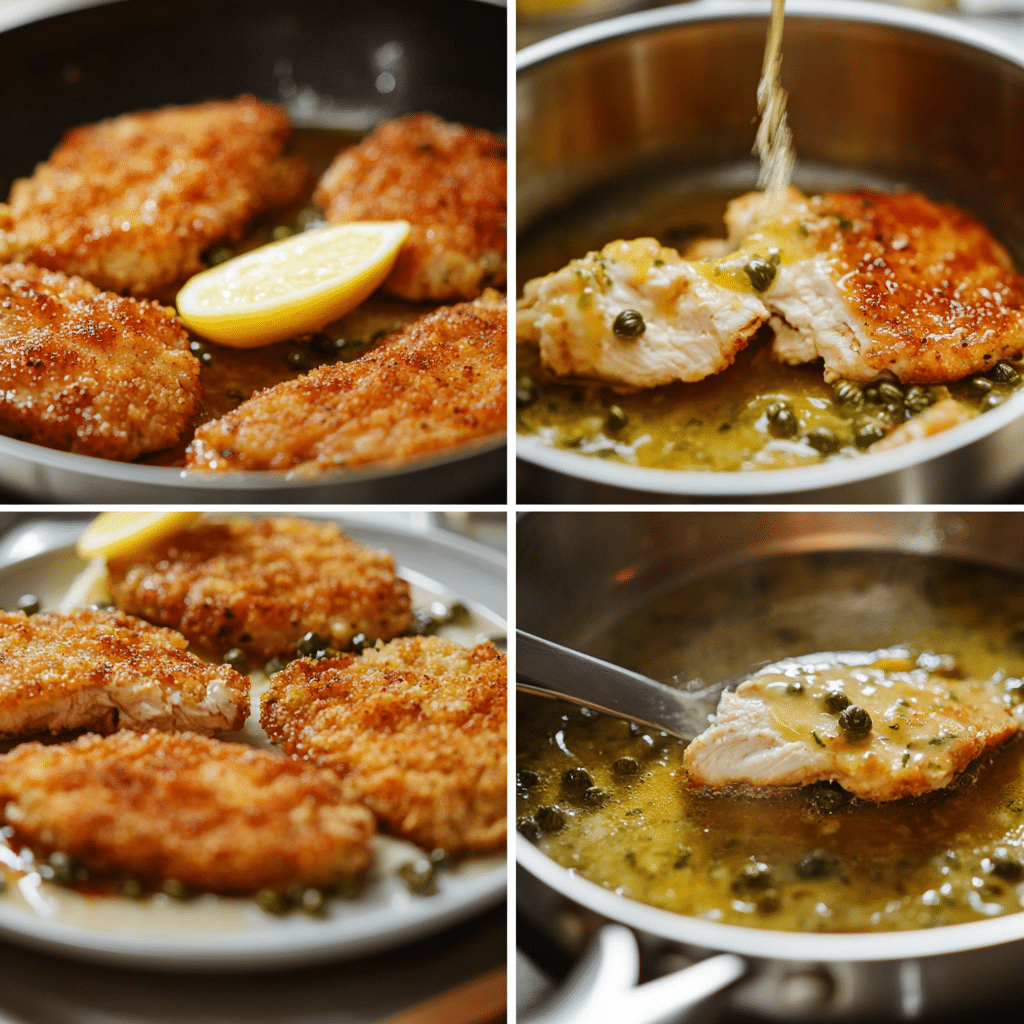 Four panel collage showing dredging, searing, simmering lemon caper sauce, and plating chicken piccata