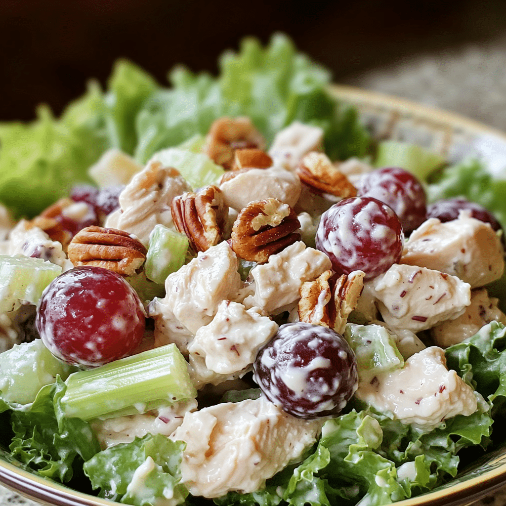 Chicken salad with grapes, celery, and pecans in a bowl