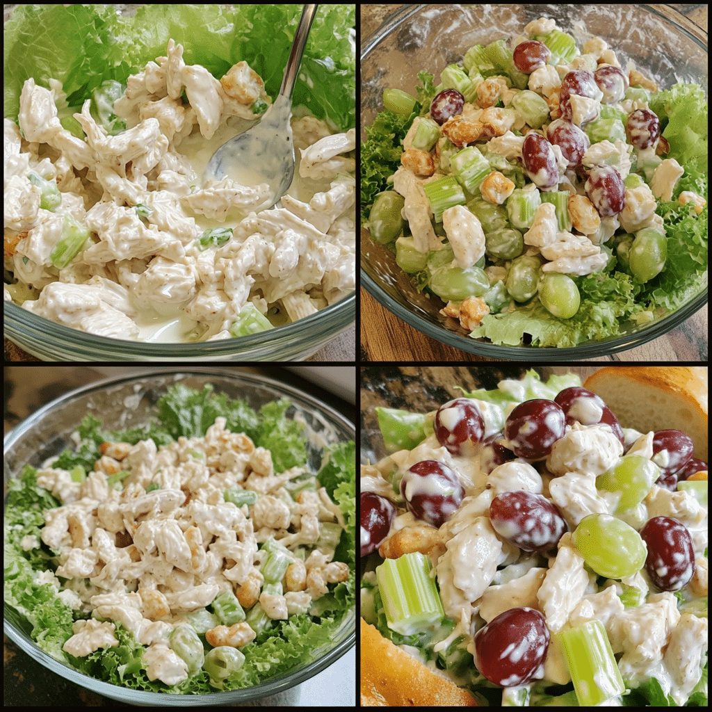 Four panel collage showing steps to make chicken salad with grapes