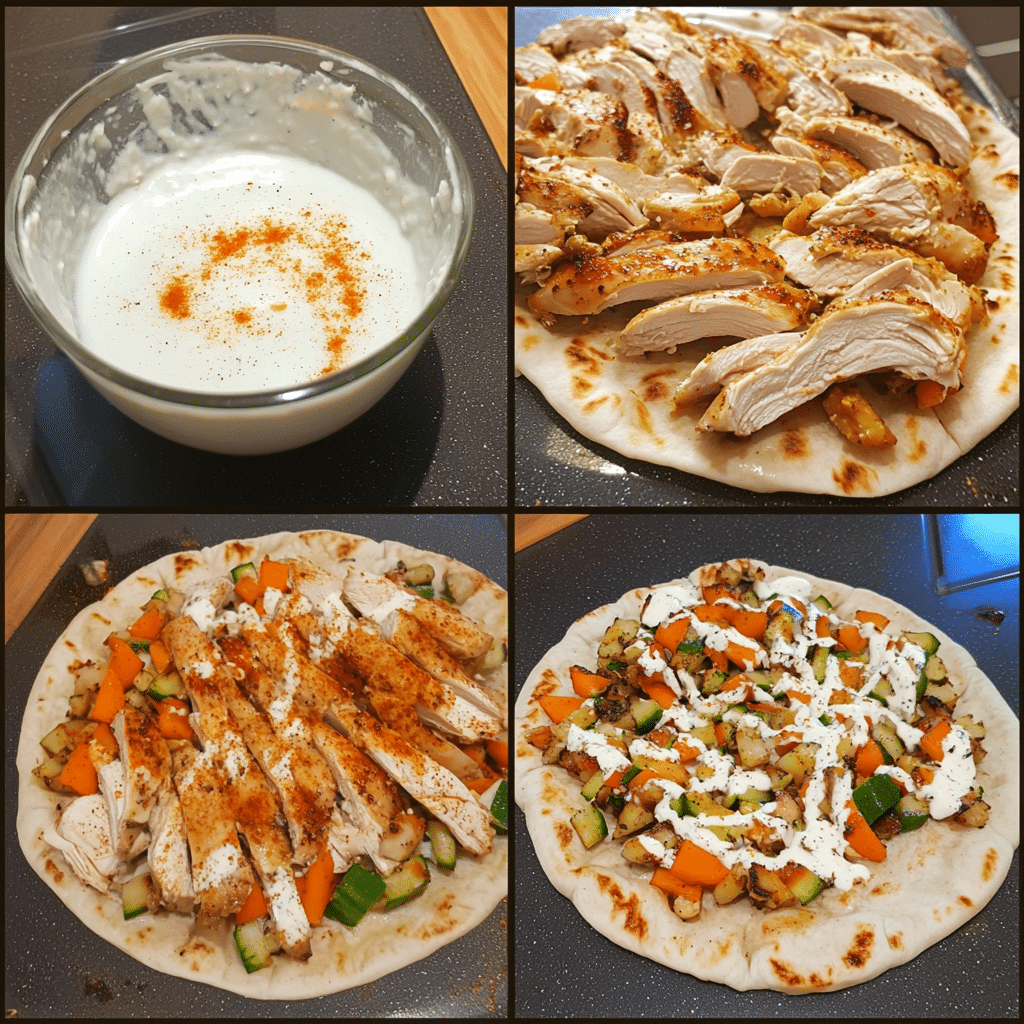 four panel collage showing steps to make chicken shawarma