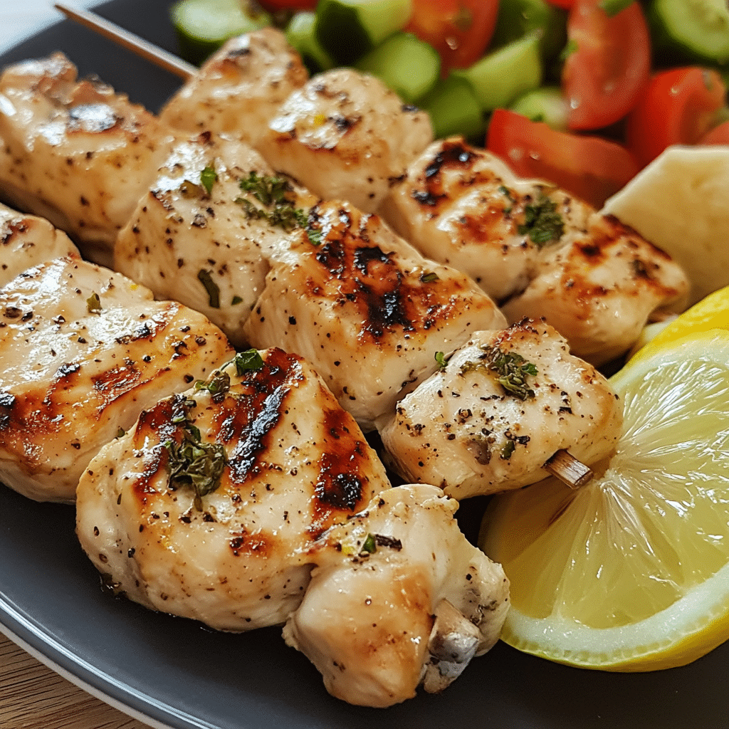 Chicken souvlaki skewers with lemon wedges and pita