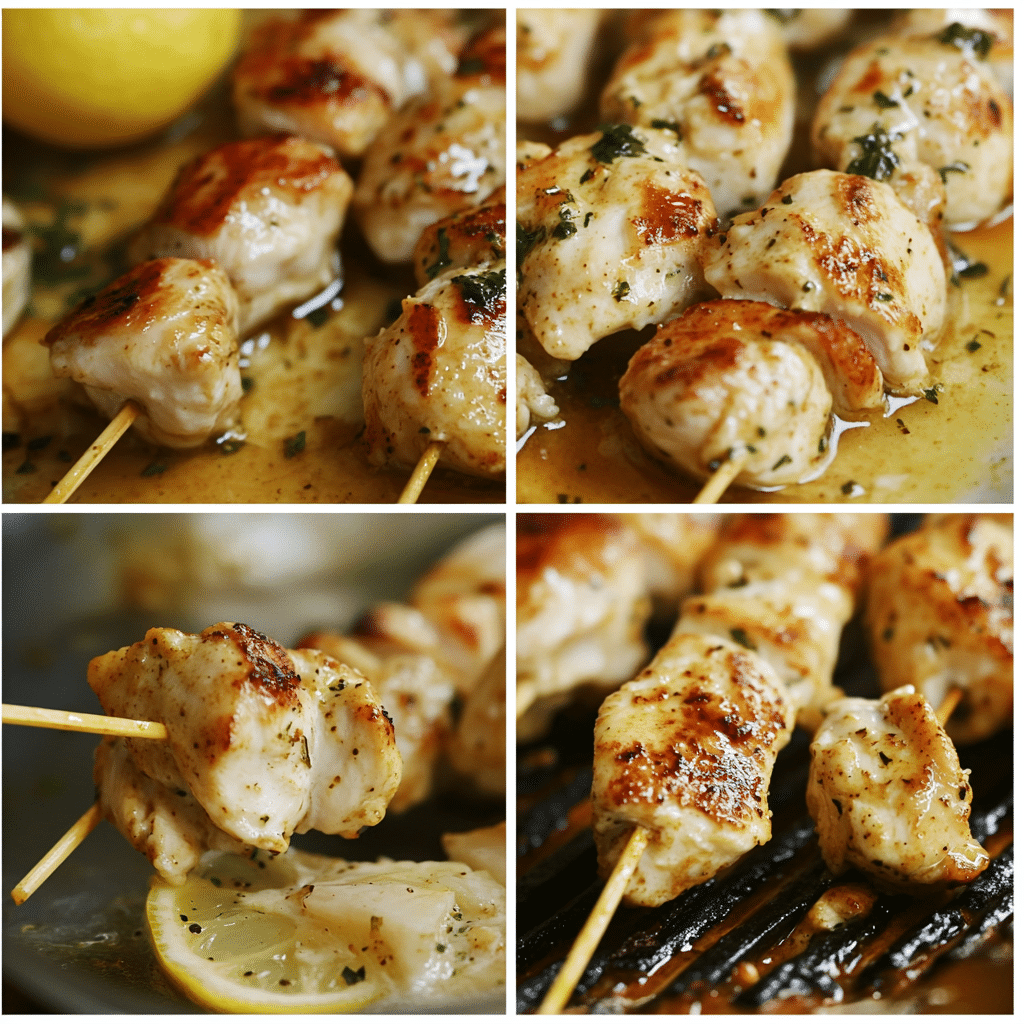 Four panel collage showing how to make chicken souvlaki skewers