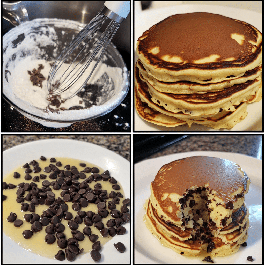 Four panel collage showing mixing batter, cooking on griddle, and serving pancakes