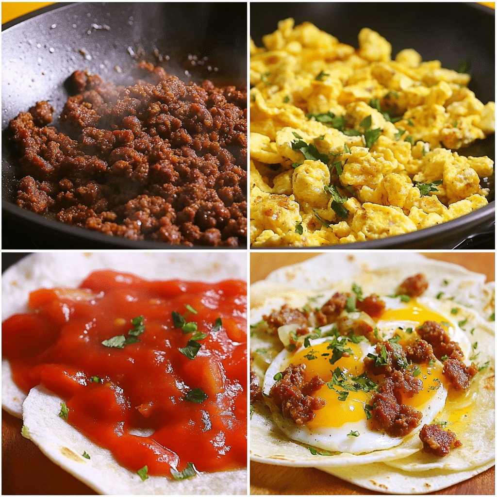 Four panel collage showing browning chorizo, scrambling eggs, and serving