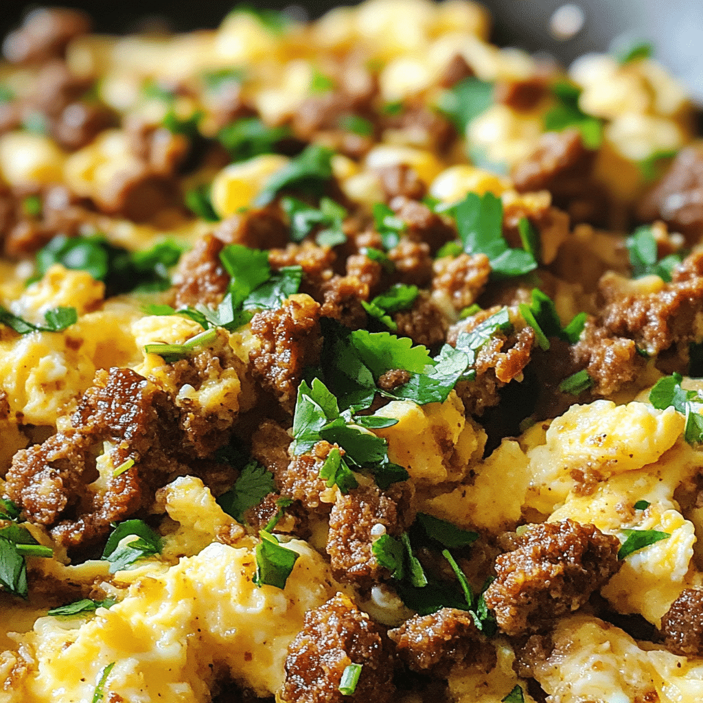 Chorizo and eggs in a skillet with tortillas