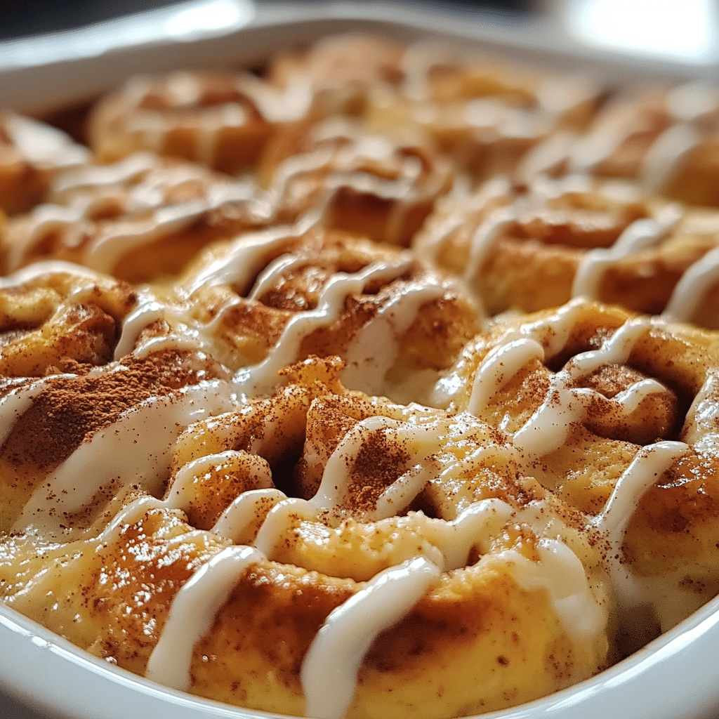 Cinnamon roll casserole in a baking dish with icing drizzle