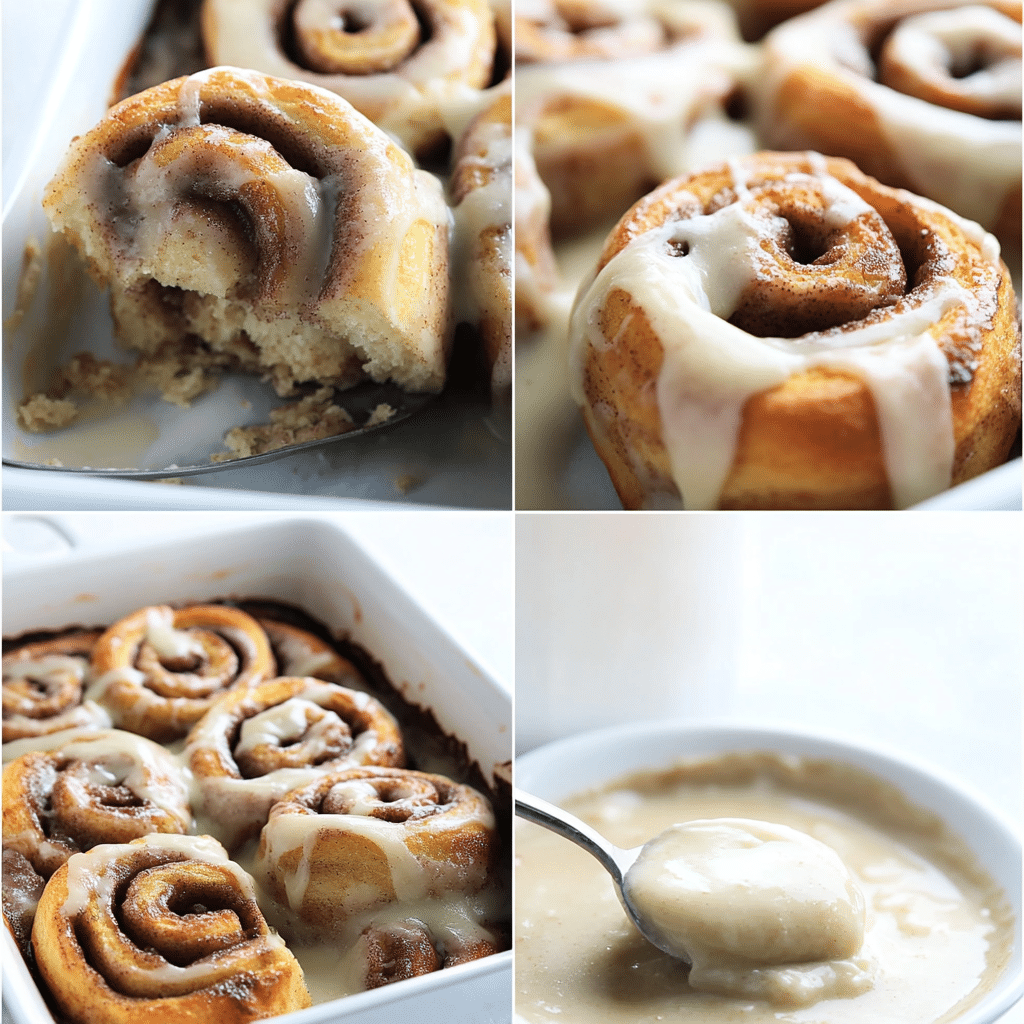 Four panel collage showing cutting rolls, whisking custard, baking, and icing drizzle