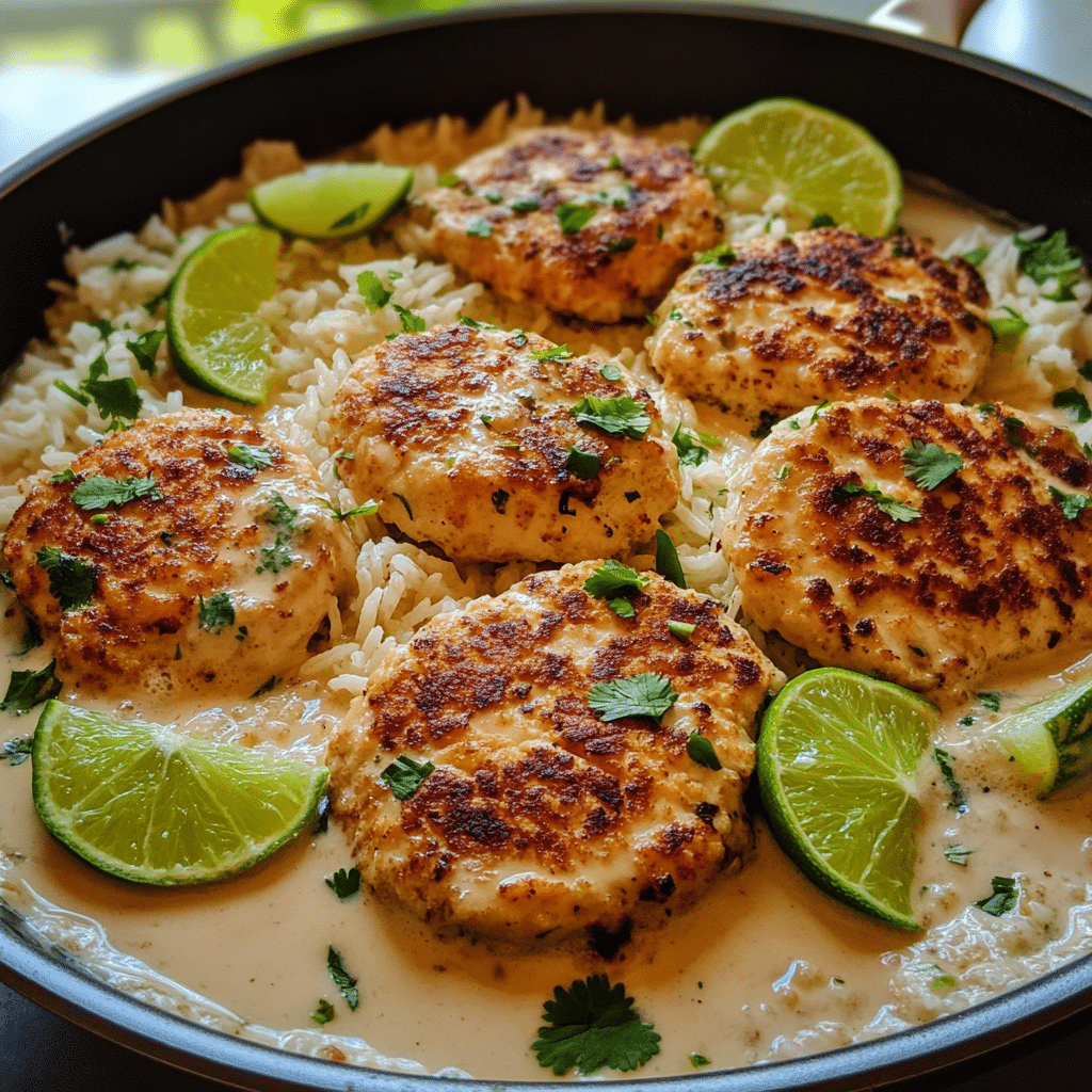 Coconut lime chicken cutlets in a skillet with lime and cilantro