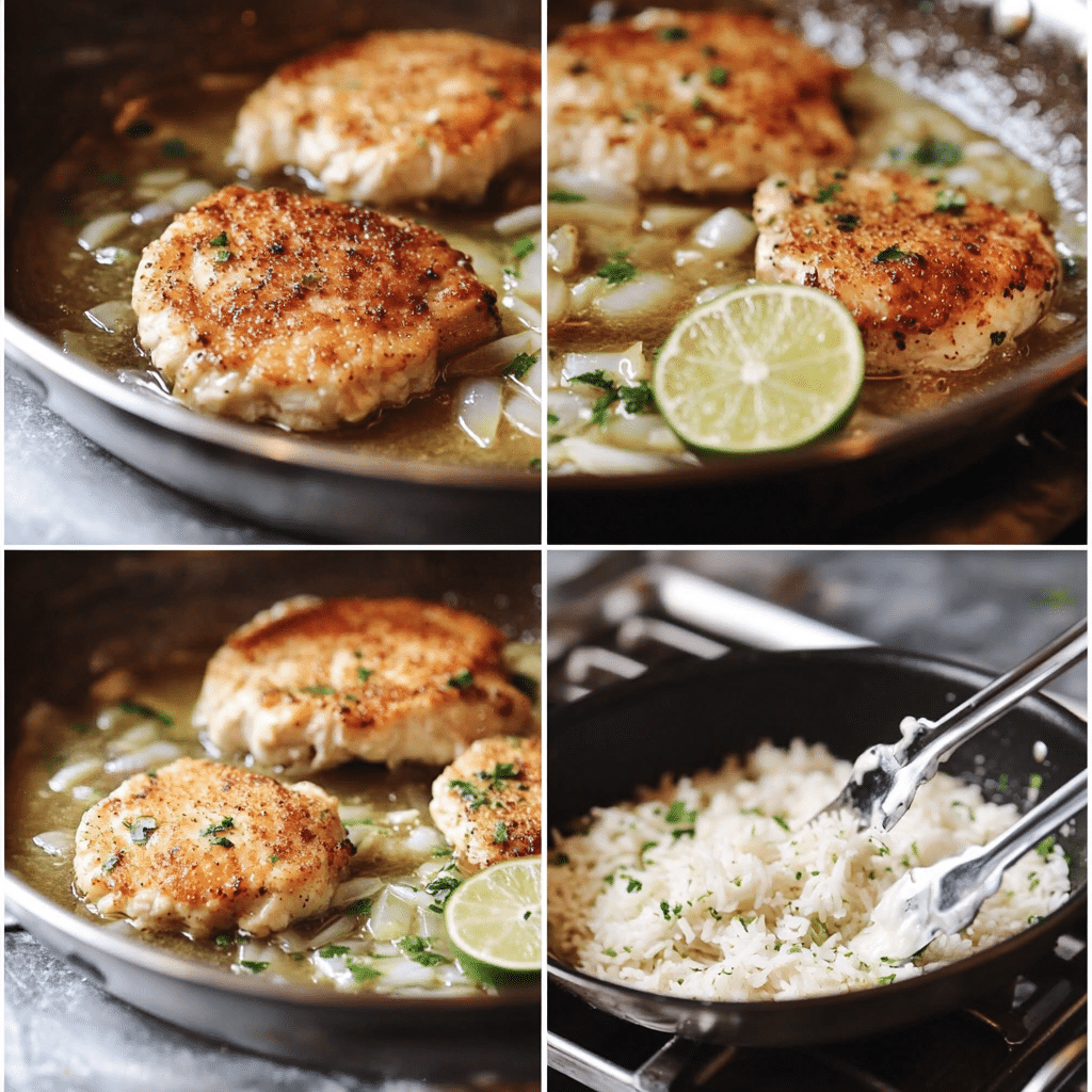 Four panel collage showing steps to make coconut lime chicken in a skillet
